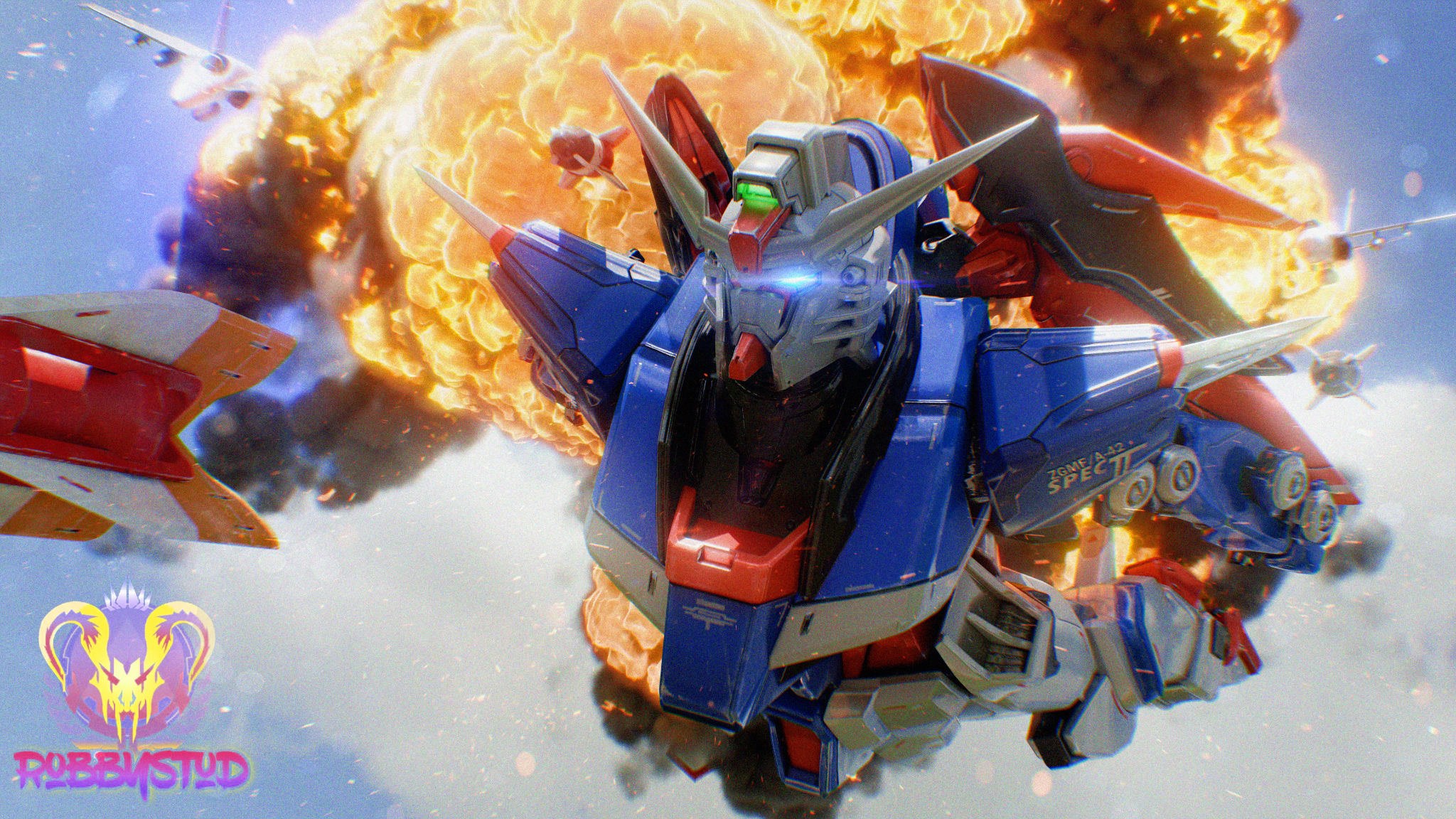 Artist-created Mirage in a Gundam suit hot dropping, with RobbyStud’s logo