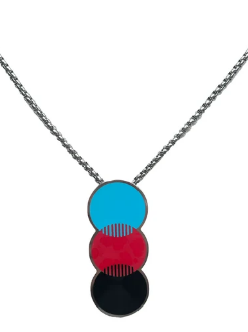 Keep Going chain with blue, red, and dark circular pendants